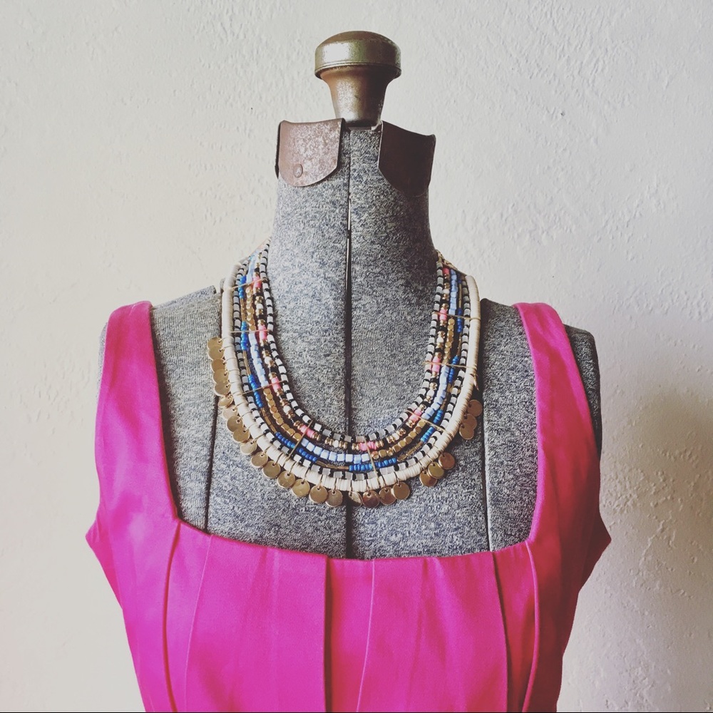 Statement necklace, Pink, blue, tan & gold